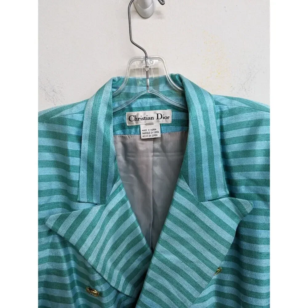 Vintage Christian Dior Women's Silk Jacket Teal Blue Striped 100% Silk Size 16